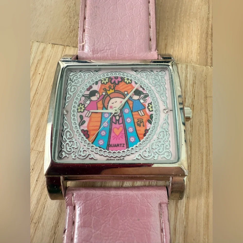 Unbranded ladies rectangular silver tone Christian angels pink watch NEW BATTERY